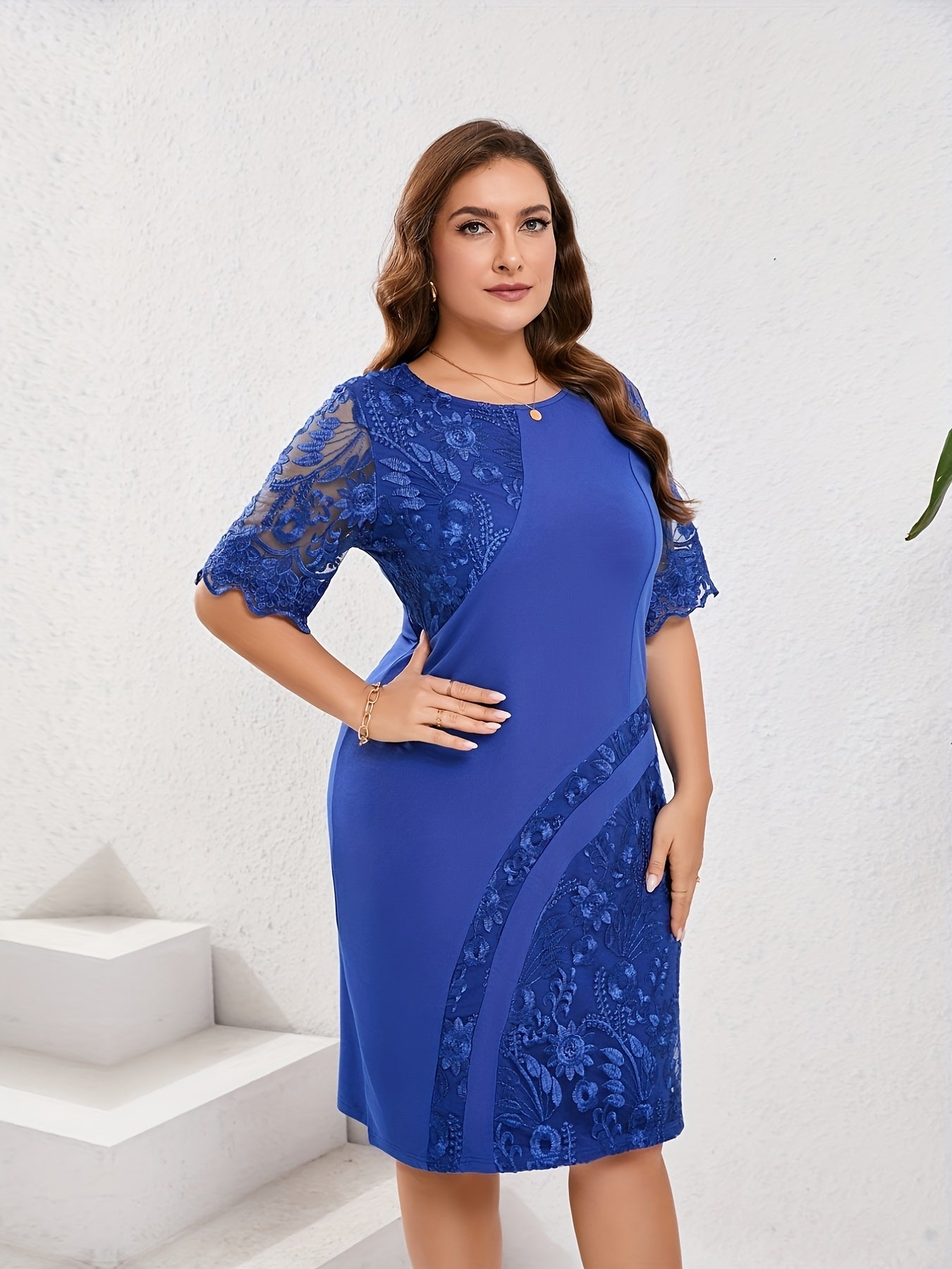 Elegant Floral Lace Sheath Dress for Women with Round Neck Half Sleeve Bodycon Cocktail Style