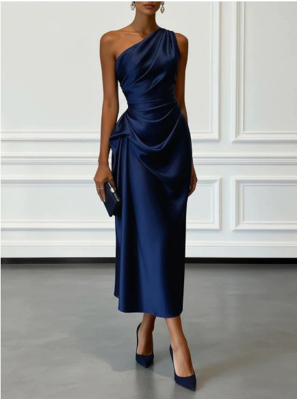 Elegant Satin Midi Dress for Women with One Shoulder Sleeveless Draped Ruched Column Style