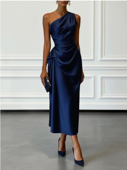 Elegant Satin Midi Dress for Women with One Shoulder Sleeveless Draped Ruched Column Style