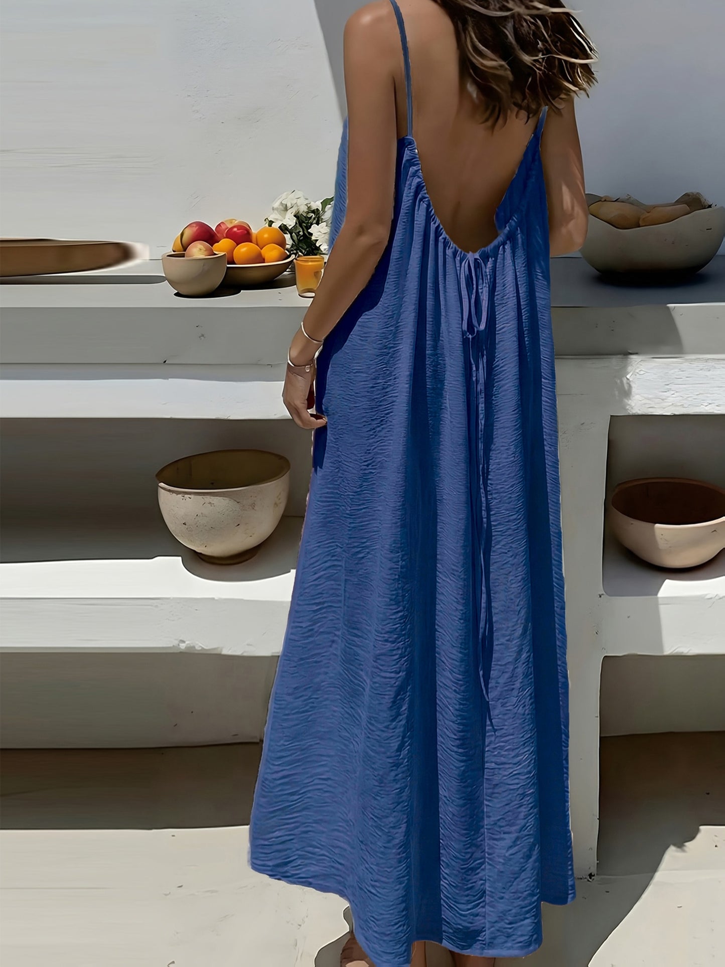 Effortless Crinkled Maxi Dress for Women with Scoop Back Spaghetti Strap Drawstring Flowing Bohemian Style