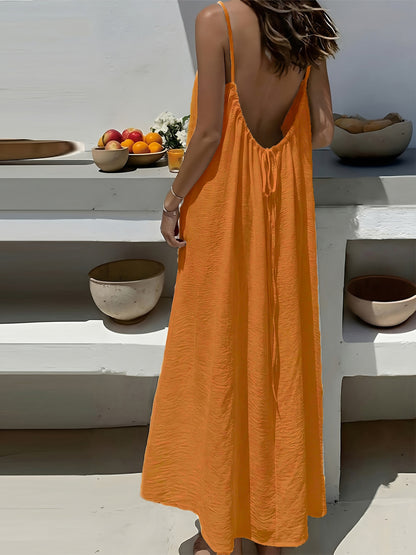Effortless Crinkled Maxi Dress for Women with Scoop Back Spaghetti Strap Drawstring Flowing Bohemian Style