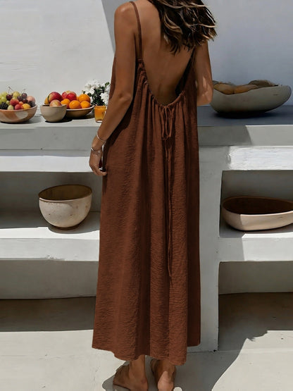 Effortless Crinkled Maxi Dress for Women with Scoop Back Spaghetti Strap Drawstring Flowing Bohemian Style