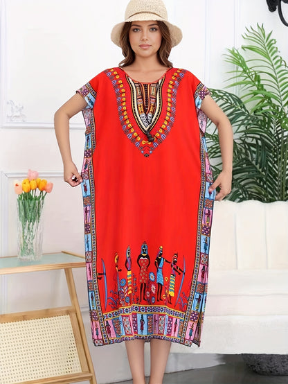 Effortless Dashiki Print Kaftan Dress for Women with V Neck Short Sleeve Relaxed Bohemian Style