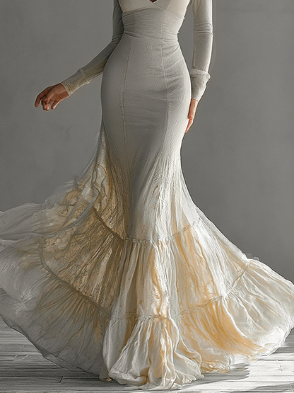 Elegant Beige Mermaid Maxi Dress for Women with V Neck Long Sleeve Tiered Ruffle Bridal Style
