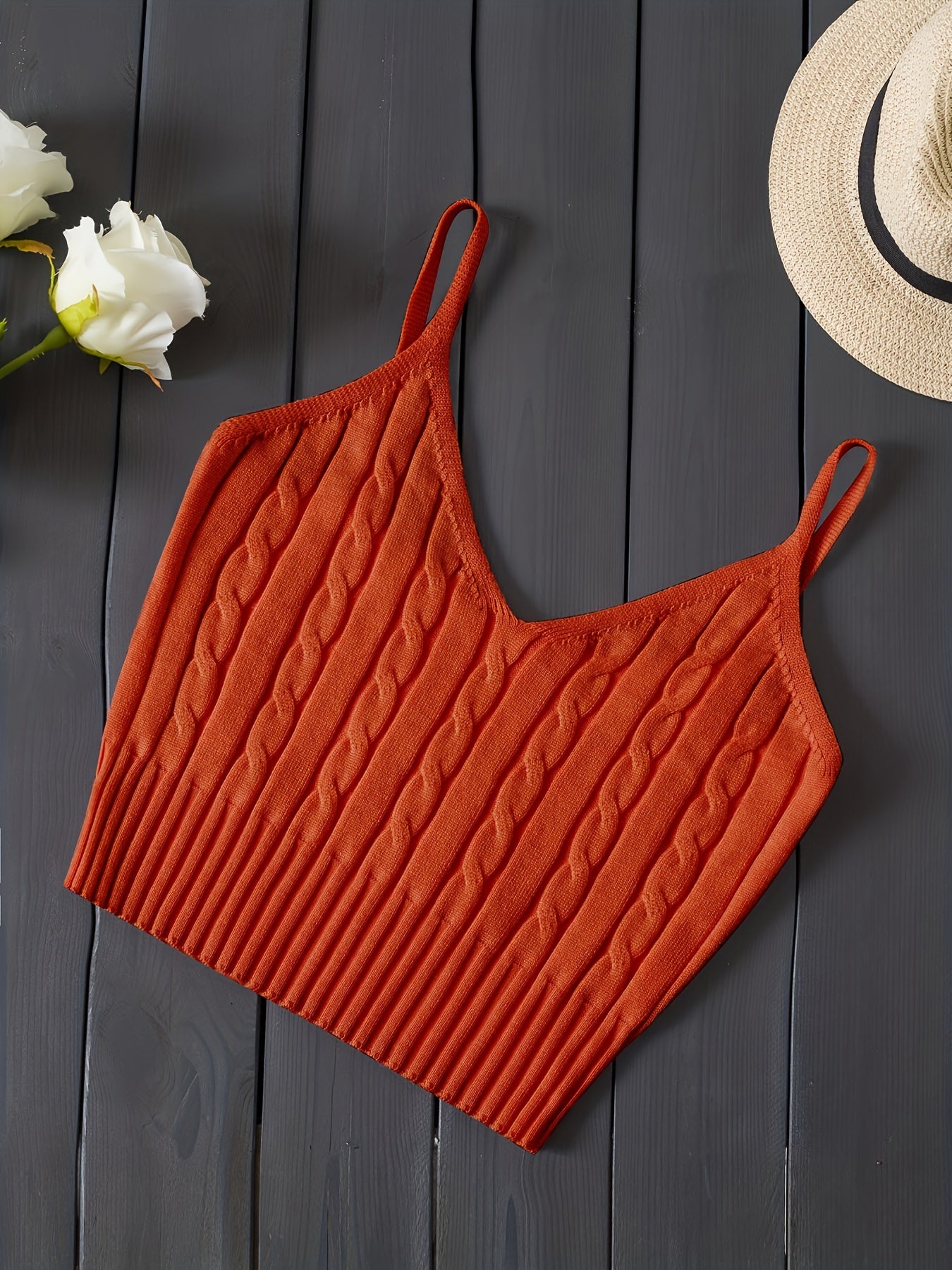 Comfortable Cable Knit Tank Top for Women with V Neck Sleeveless Ribbed Cropped Style
