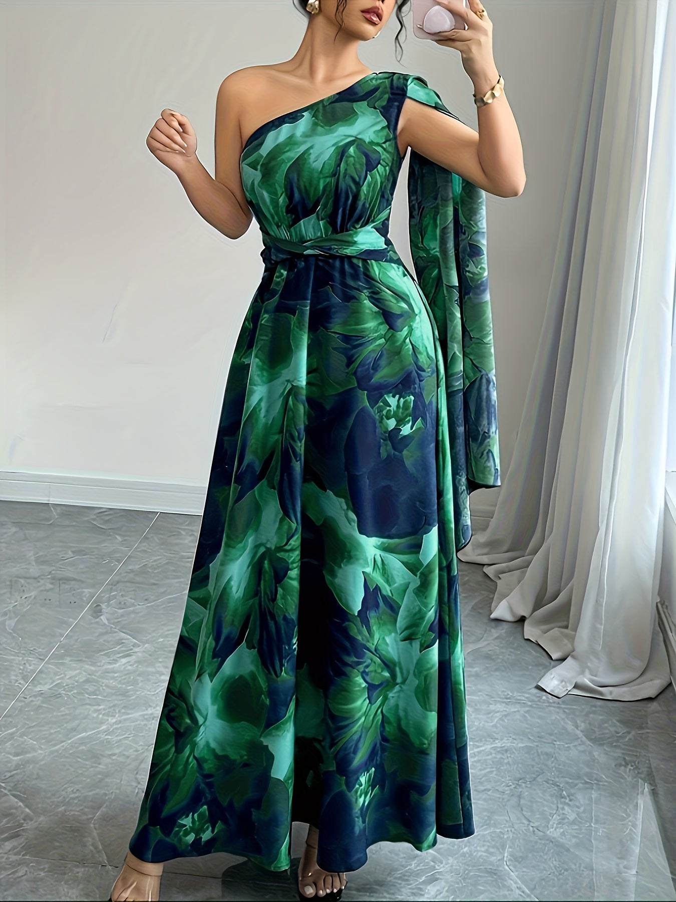 Elegant Floral Maxi Dress for Women with One Shoulder Draped Sleeve Formal Wedding Guest Style