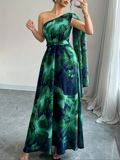 Elegant Floral Maxi Dress for Women with One Shoulder Draped Sleeve Formal Wedding Guest Style