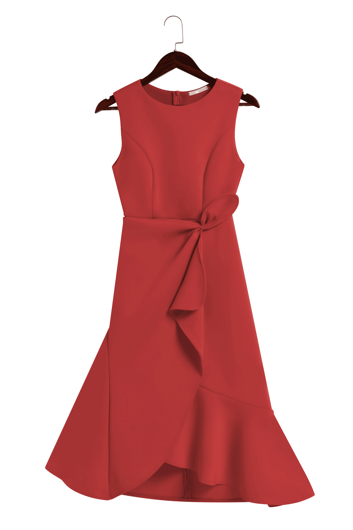 Elegant Draped Midi Dress for Women with Round Neck Sleeveless Asymmetrical Ruffle Flowing Style