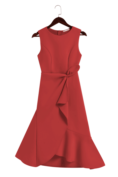 Elegant Draped Midi Dress for Women with Round Neck Sleeveless Asymmetrical Ruffle Flowing Style