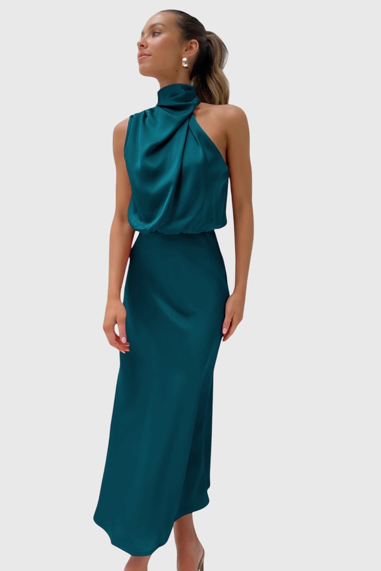 Elegant Satin Maxi Dress for Women with Halter Neck Cowl Draped Sleeveless Formal Wedding Guest Style