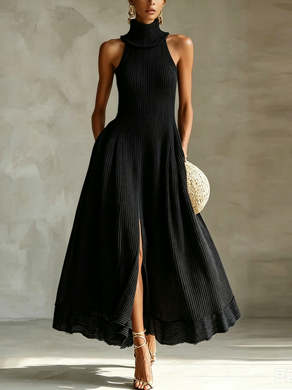 Elegant Black Maxi Dress for Women with High Neck Sleeveless Flowing A Line Slit Formal Wedding Guest Style