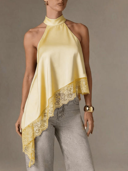 Elegant Satin Lace Trim Blouse for Women with Halter Neck Sleeveless Asymmetric Hem Silky Style