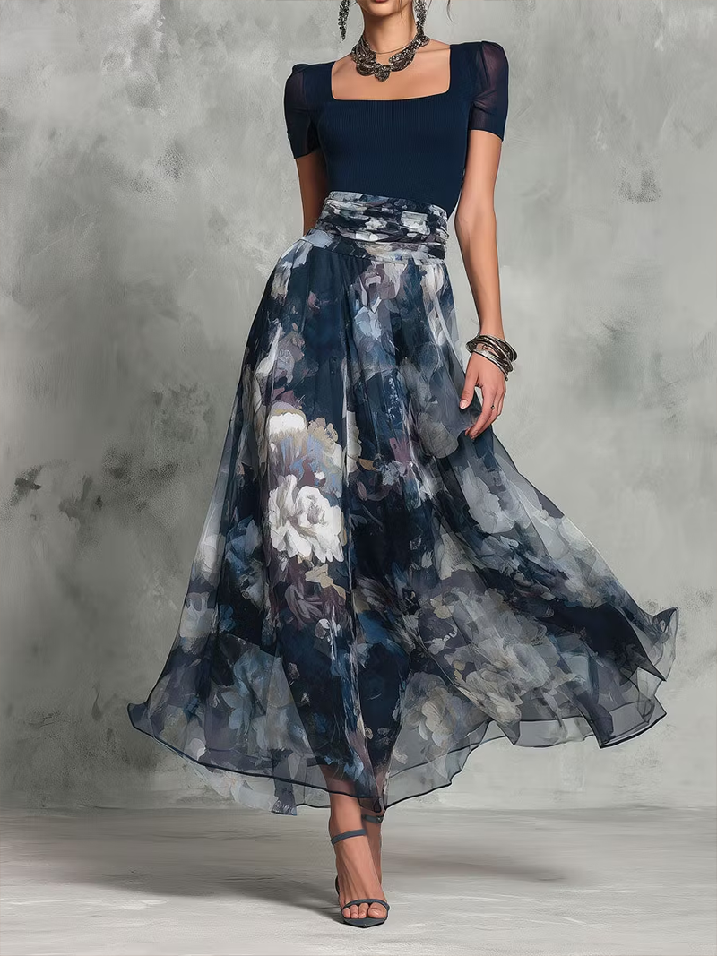 Elegant Blue Floral Two Piece Set for Women with Square Neck Puff Sleeve Ruched Waist Maxi Skirt Style