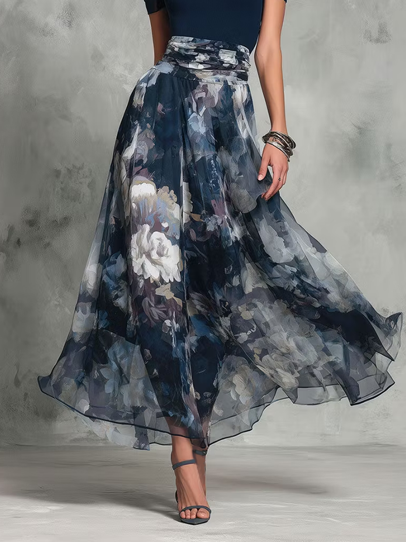 Elegant Blue Floral Two Piece Set for Women with Square Neck Puff Sleeve Ruched Waist Maxi Skirt Style