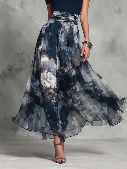 Elegant Blue Floral Two Piece Set for Women with Square Neck Puff Sleeve Ruched Waist Maxi Skirt Style