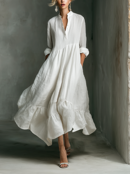 Effortless White Maxi Dress for Women with Stand Collar Button Placket Long Sleeve Tiered Linen Casual Style