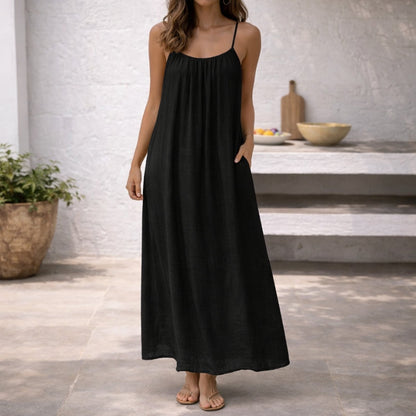Effortless Linen Maxi Dress for Women with Scoop Neck Spaghetti Strap Flowing Bohemian Style
