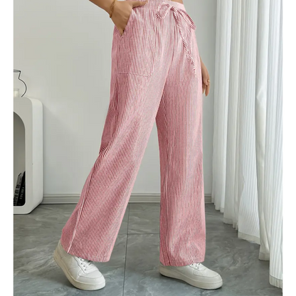 Effortless Striped Wide Leg Pants for Women with High Waist Drawstring Side Pocket Relaxed Casual Style