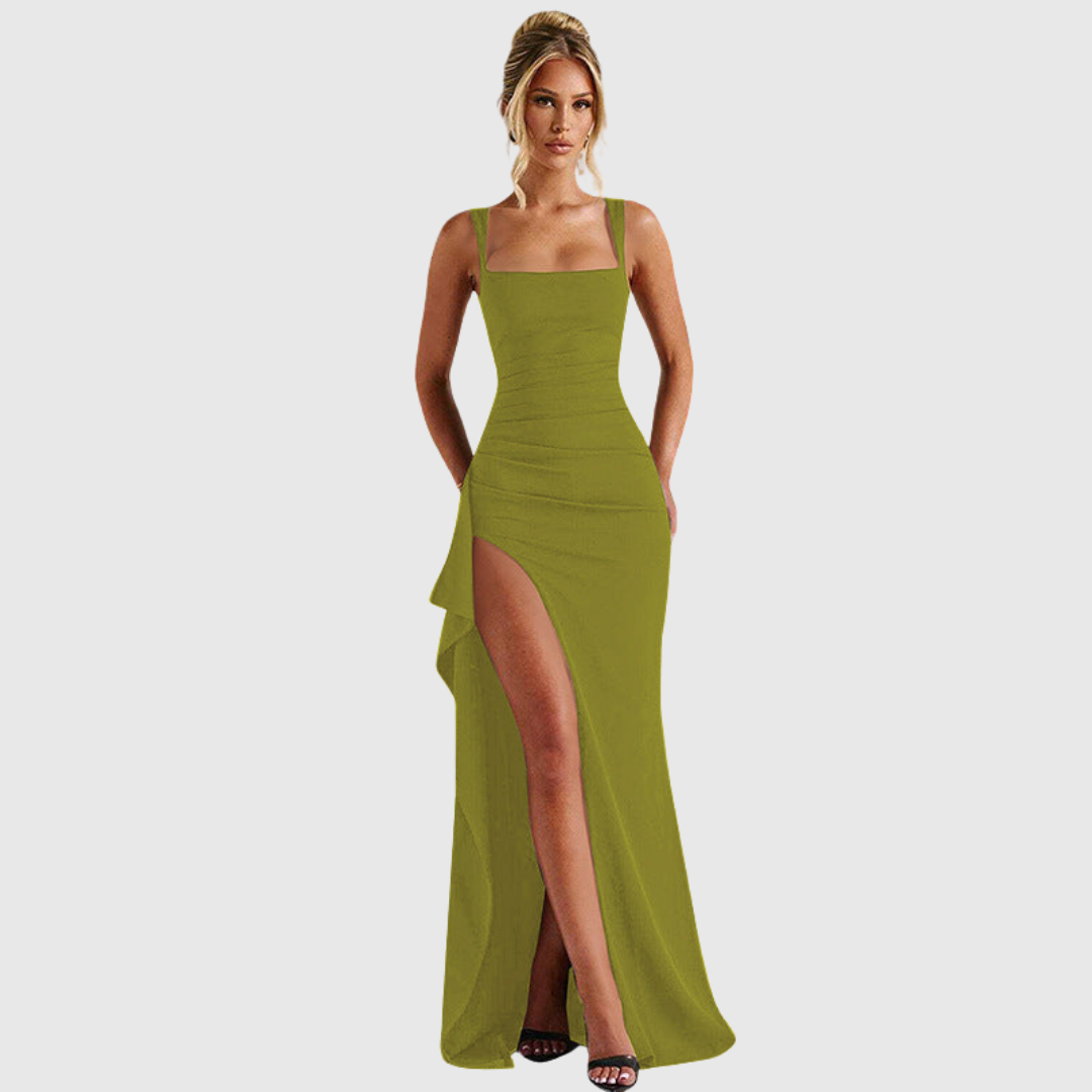 Elegant Satin Maxi Dress for Women with Square Neck Corset Bodice Thigh Slit Formal Wedding Guest Style
