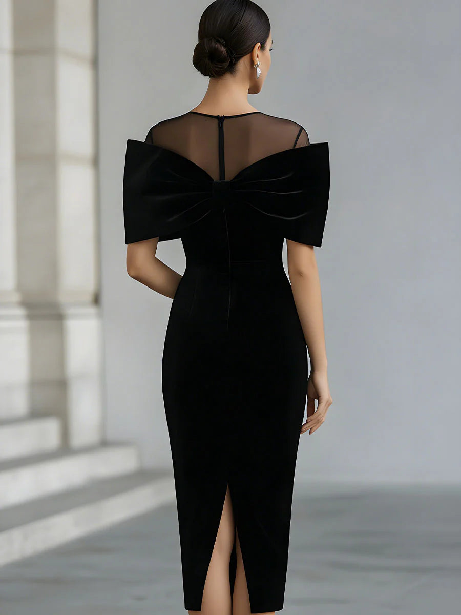 Elegant Black Velvet Midi Dress for Women with Illusion Neckline Bow Off Shoulder Bodycon Style