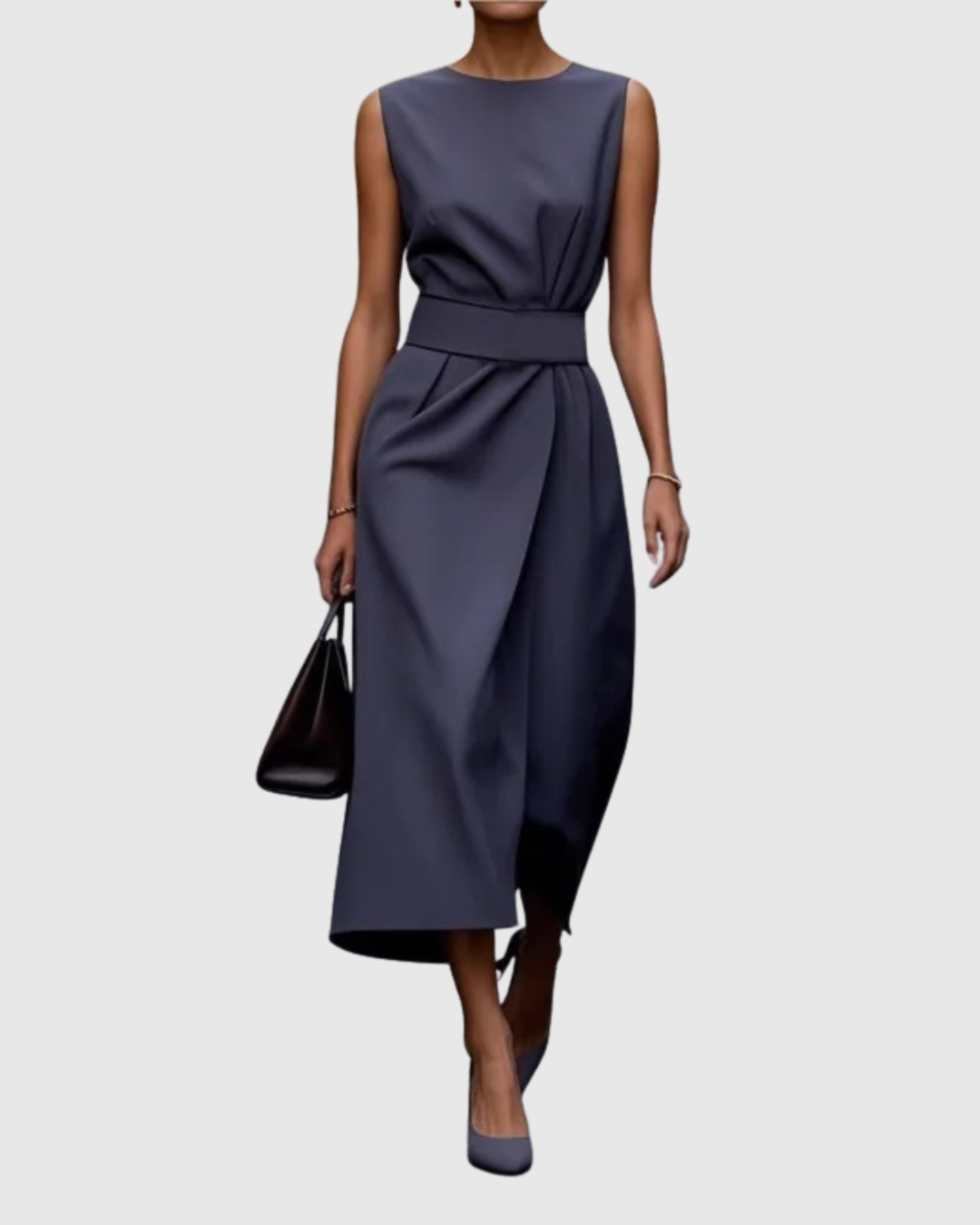 Elegant Satin Midi Dress for Women with Round Neck Sleeveless Wrap Waist Formal Wedding Guest Style
