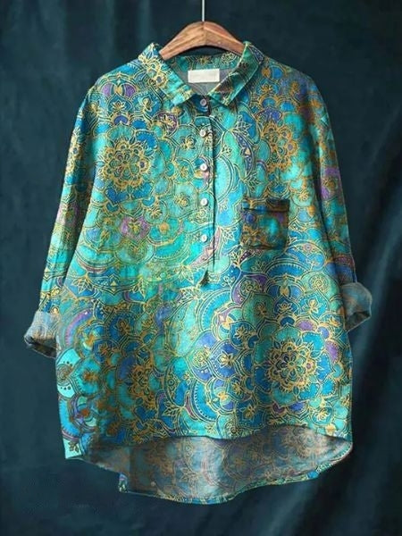 Effortless Floral Blouse for Women with Collar Long Sleeve Button Front High Low Hem Style