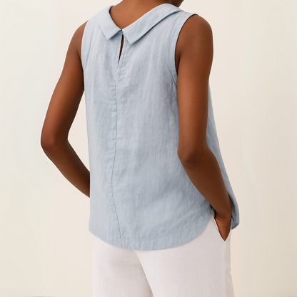 Effortless Linen Blouse for Women with Folded Collar Sleeveless Relaxed Curved Hem Casual Style