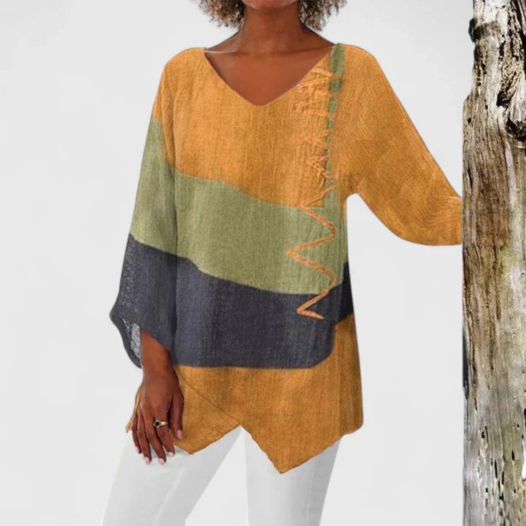 Effortless Colorblock Tunic Top for Women with V Neck Batwing Sleeve Asymmetrical Hem Bohemian Style