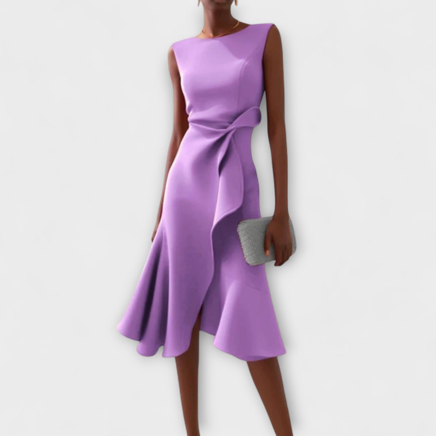 Elegant Satin Midi Dress for Women with Round Neck Sleeveless Draped Wrap Ruffle Formal Wedding Guest Style