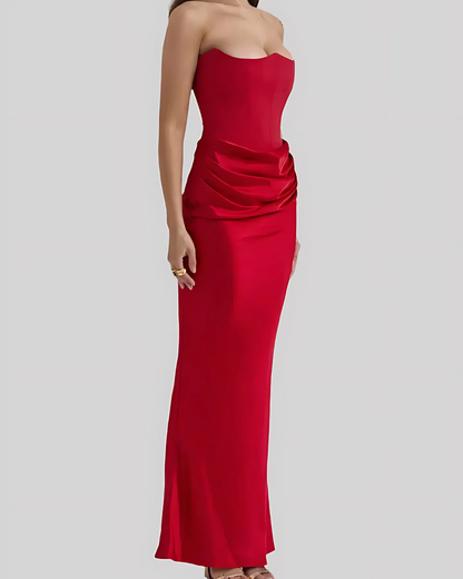 Elegant Satin Maxi Dress for Women with Strapless Ruched Bodice Column Formal Wedding Guest Style
