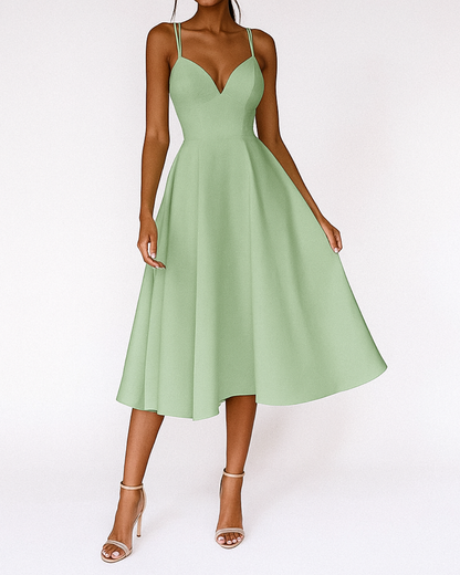 Elegant Midi Dress for Women with Deep V Neck Spaghetti Strap Full Skirt Formal Wedding Guest Style