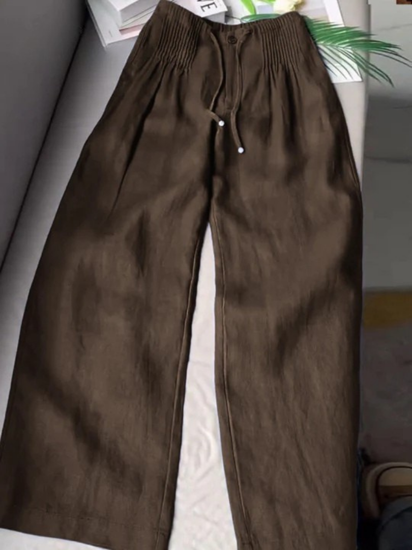 Effortless Linen Wide Leg Pants for Women with Smocked Waist Drawstring Relaxed Flowing Style