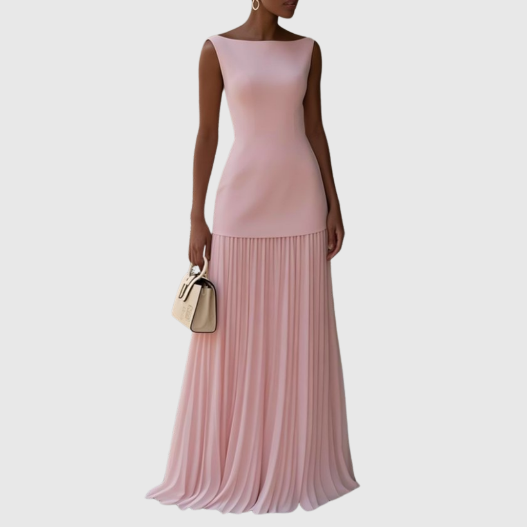 Elegant Chiffon Maxi Dress for Women with Boat Neck Sleeveless Drop Waist Formal Wedding Guest Style