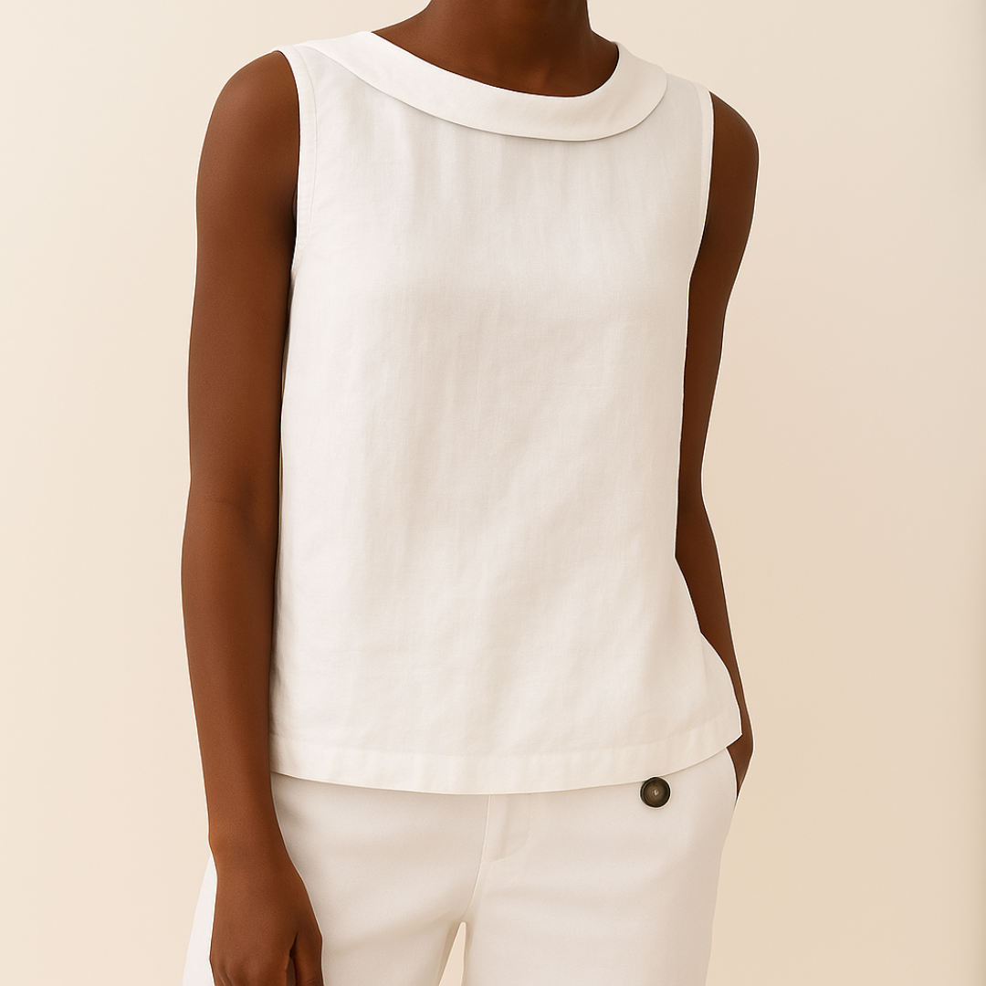 Effortless Linen Blouse for Women with Folded Collar Sleeveless Relaxed Curved Hem Casual Style