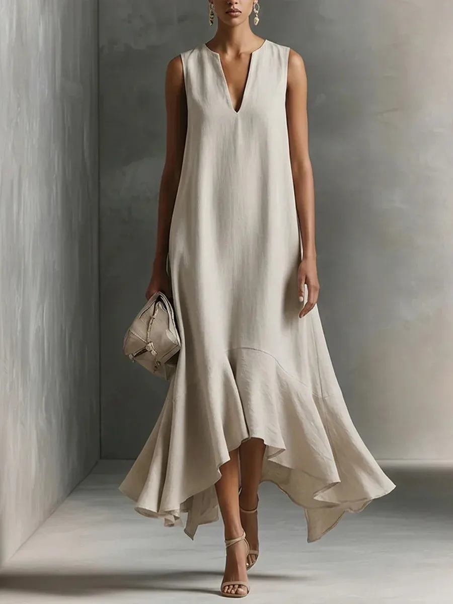 Effortless Satin Maxi Dress for Women with Deep V Neck Sleeveless High Low Flowing Formal Wedding Guest Style