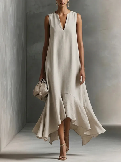 Effortless Satin Maxi Dress for Women with Deep V Neck Sleeveless High Low Flowing Formal Wedding Guest Style