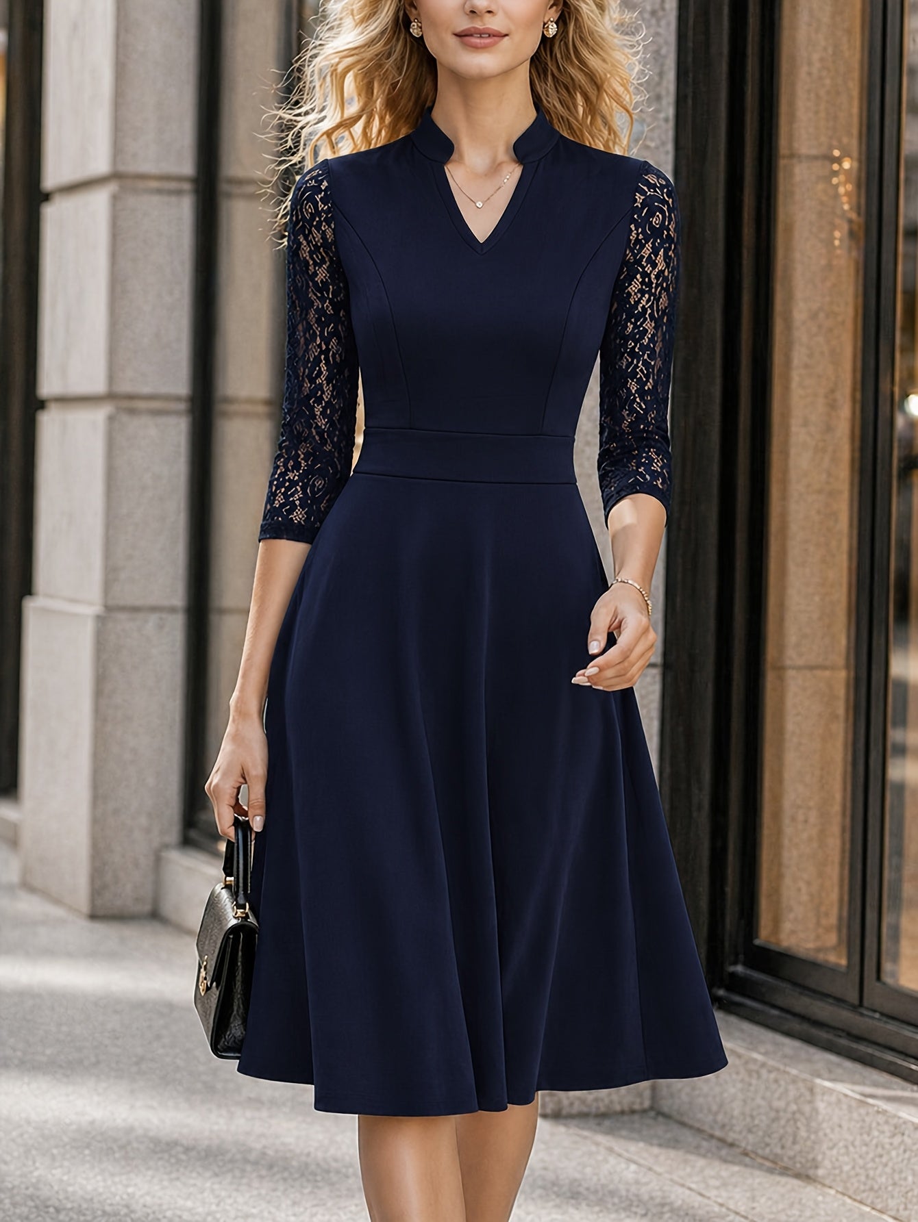 Elegant Lace Trim Midi Dress for Women with Notch V Neck Elbow Sleeve Fit and Flare Cocktail Style