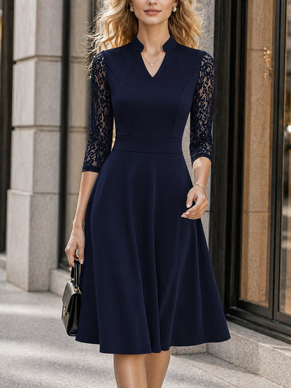 Elegant Lace Trim Midi Dress for Women with Notch V Neck Elbow Sleeve Fit and Flare Cocktail Style