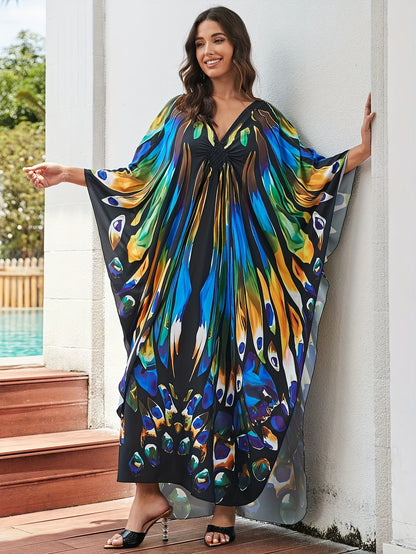 Elegant Multicolor Print Kaftan Maxi Dress for Women with V Neck Batwing Sleeve Flowing Style
