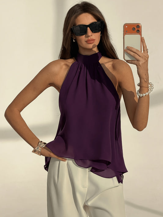 Elegant Purple Chiffon Halter Top for Women with High Neck Sleeveless Asymmetric Hem Flowing Style