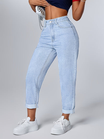 Effortless Light Blue Relaxed Mom Jeans for Women with High Waist Tapered Cuffed Hem