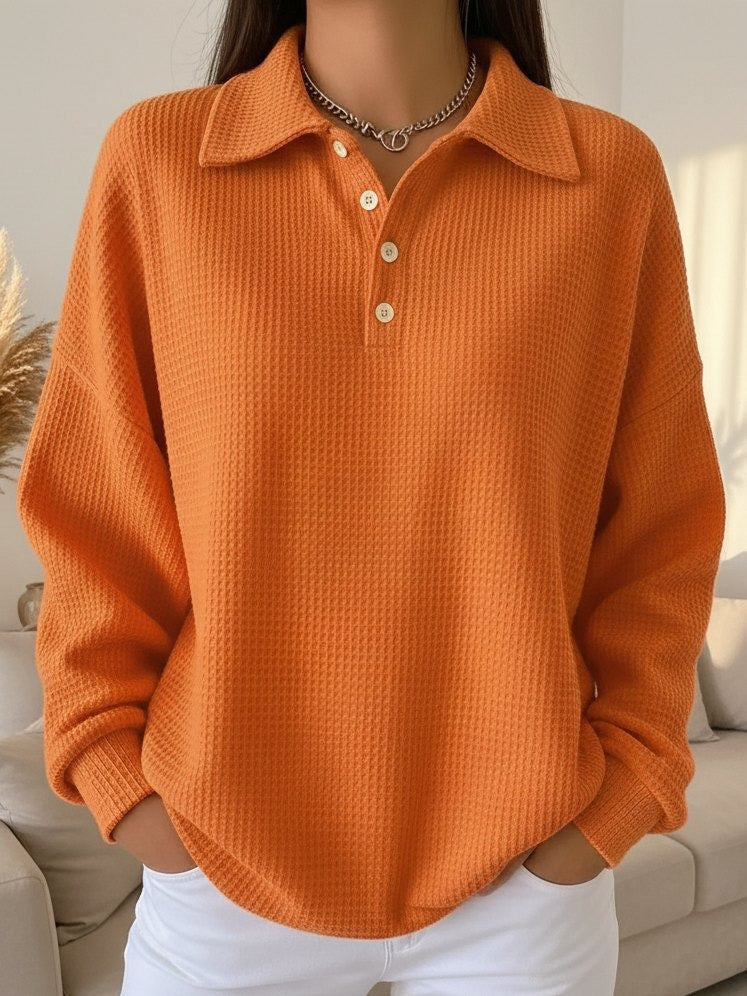 Comfortable Waffle Knit Polo Sweater for Women with Collared V Neck Long Sleeve Button Placket Oversized Relaxed Style