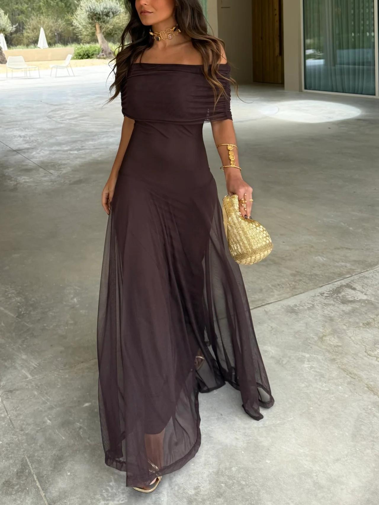 Elegant Sheer Mesh Maxi Dress for Women with Off Shoulder Short Sleeve Ruched Flowing Style