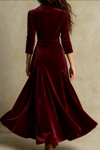 Elegant Velvet Maxi Dress for Women with Collar V Neck Elbow Sleeve Button Front Flowing Style