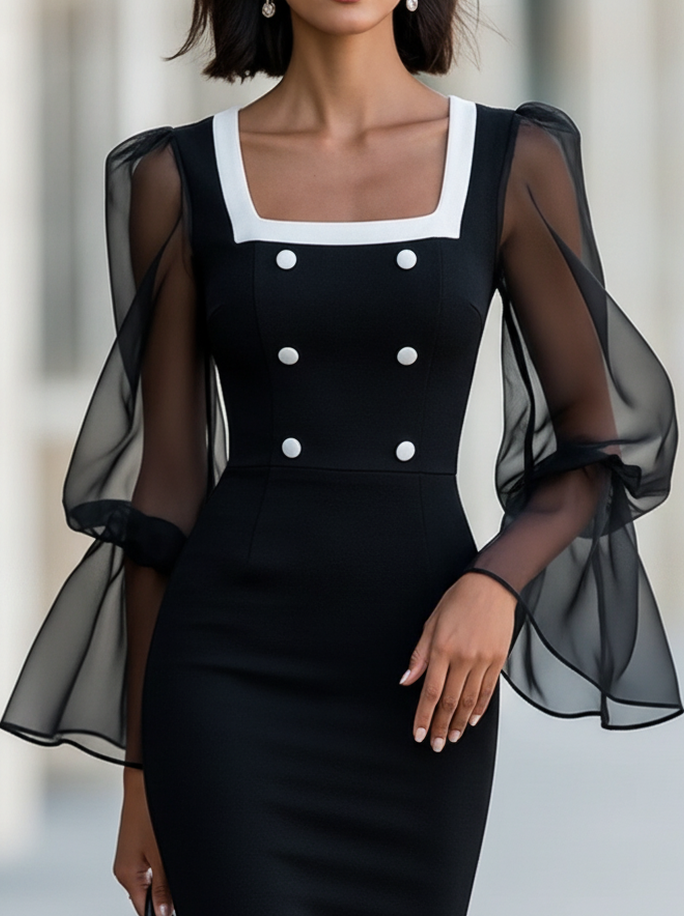 Elegant Black Sheath Dress for Women with Square Neck Bell Sleeve Sheer Mesh Bodycon Cocktail Style
