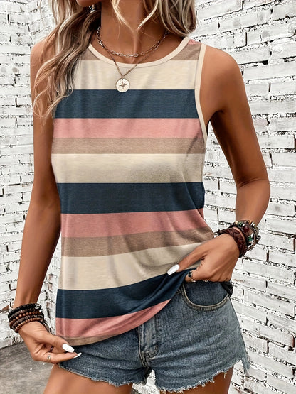 Effortless Multicolor Striped Tank Top for Women with Crew Neck Sleeveless Relaxed Casual Style