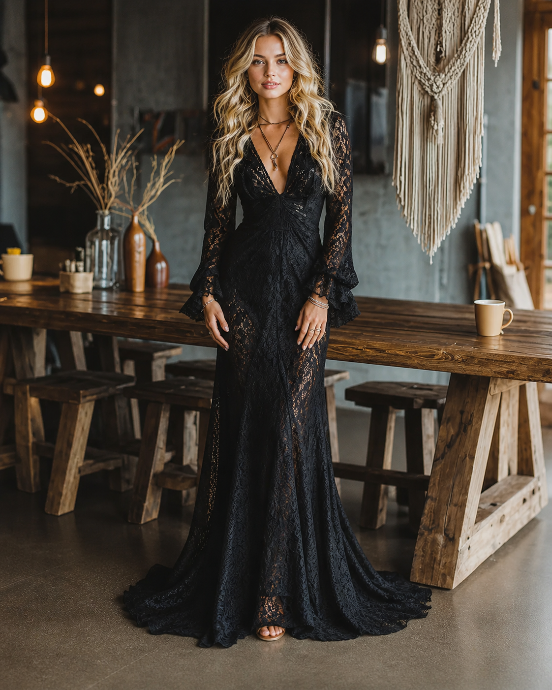 Elegant Black Lace Maxi Dress for Women with V Neck Bell Sleeve Sheer Bohemian Style