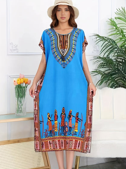Effortless Dashiki Print Kaftan Dress for Women with V Neck Short Sleeve Relaxed Bohemian Style