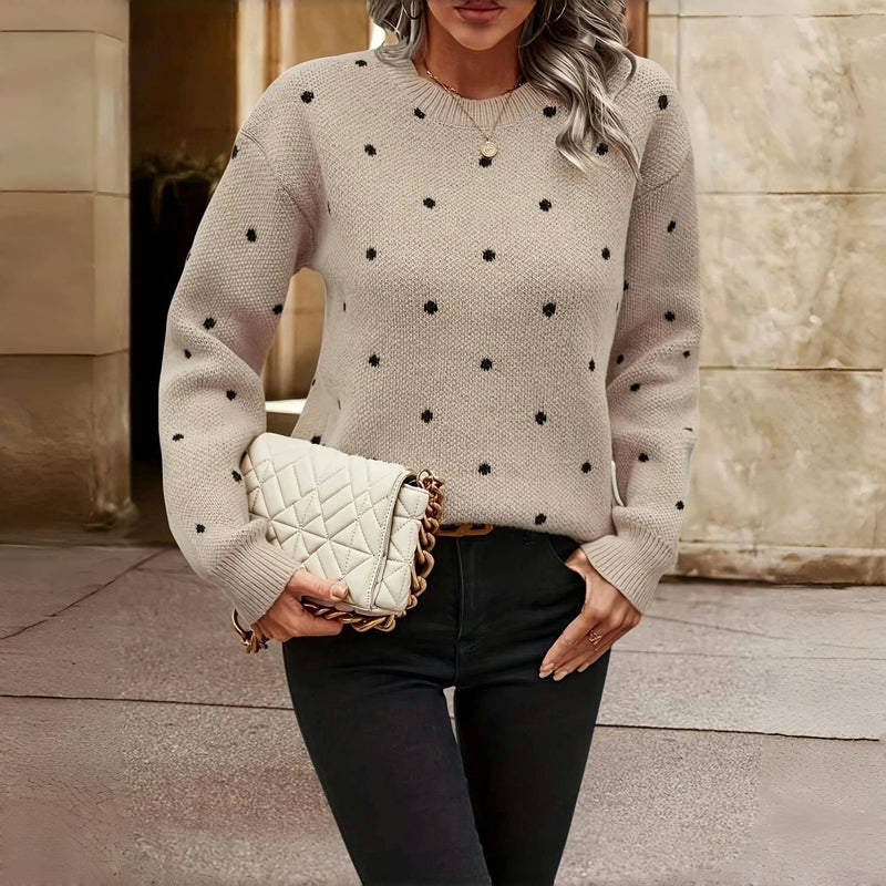 Comfortable Polka Dot Sweater for Women with Crew Neck Long Sleeve Relaxed Oversized Knit Style