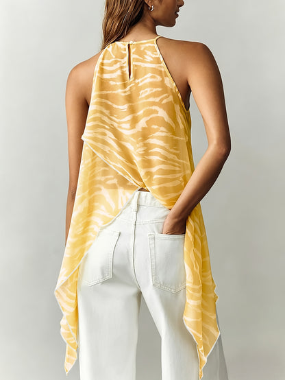 Effortless Brown Zebra Print Halter Top for Women with High Neck Sleeveless Wrap Front Flowing Style